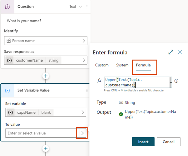 لقطة شاشة لصيغة Power Fx في عقدة Set a Variable مع تمييز علامة التبويب Formula.