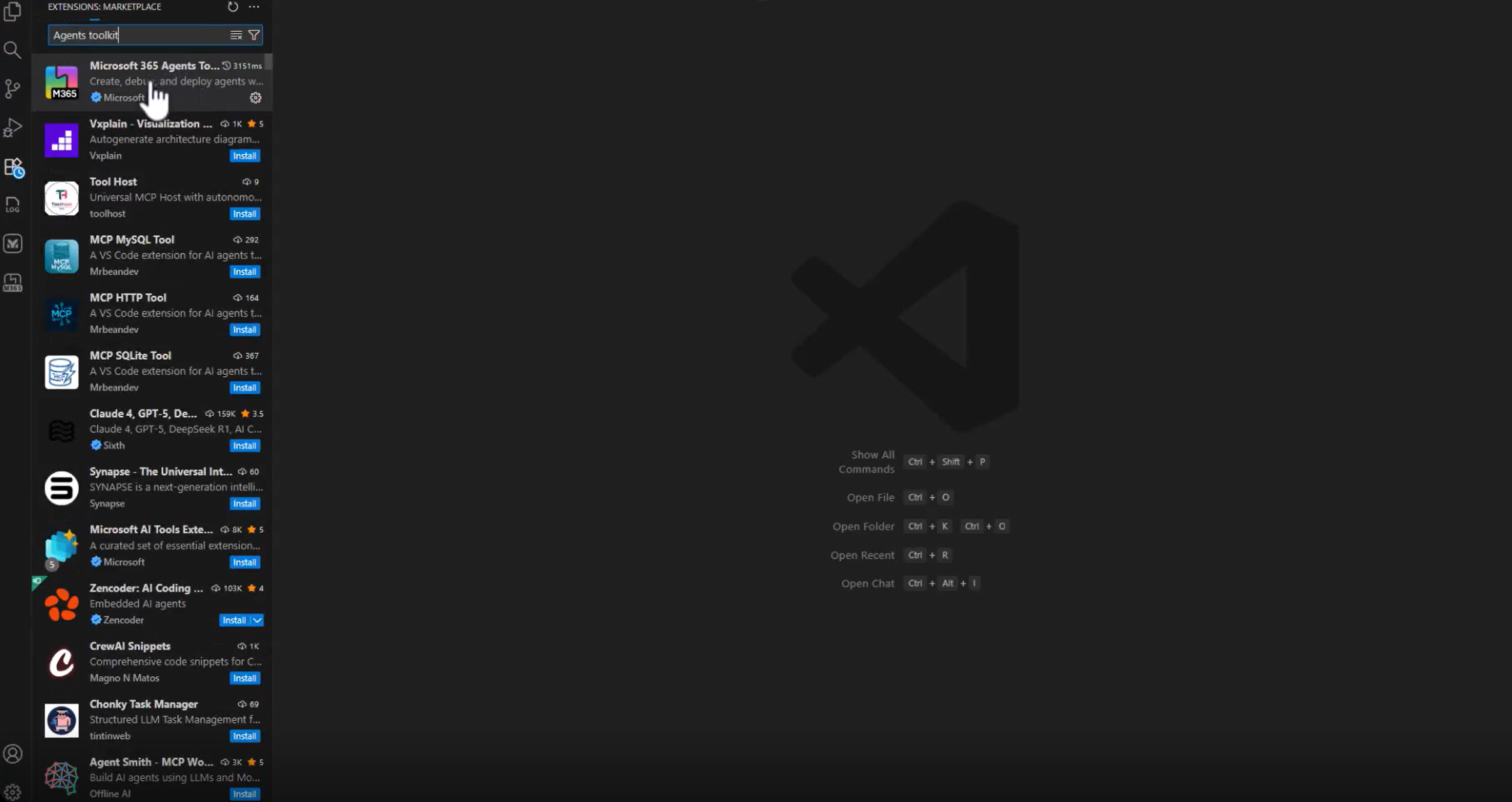 لقطة شاشة للبحث في Extensions Marketplace عن Agents Toolkit.
