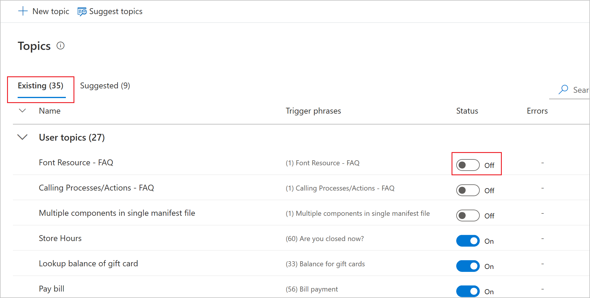 A table that lists existing topics, where each topic has a toggle that switches between Off and On in the Status column.