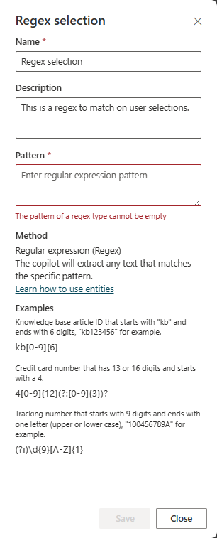 Screenshot of the regex entity pane.