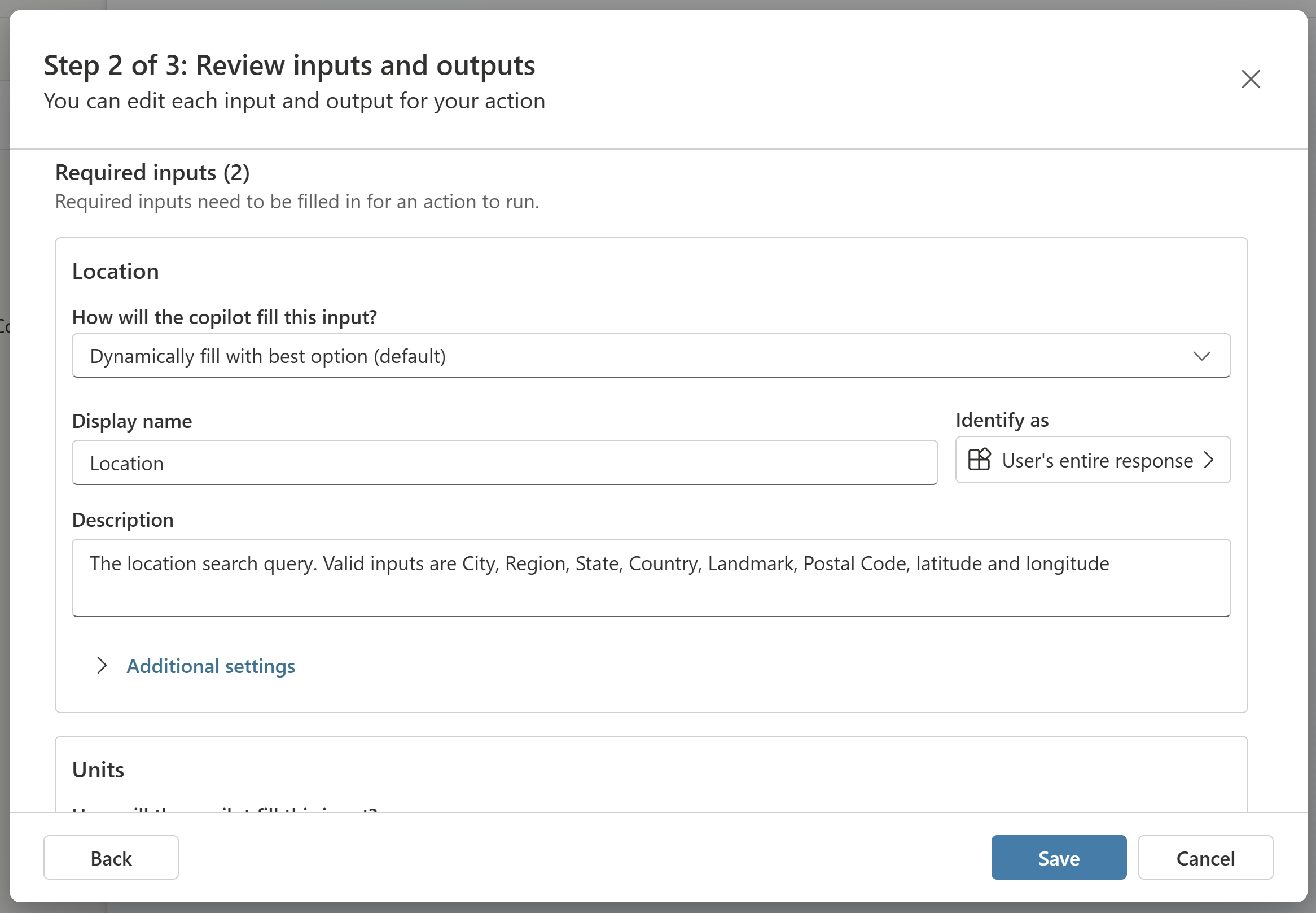 Screenshot of the inputs section for action configuration.