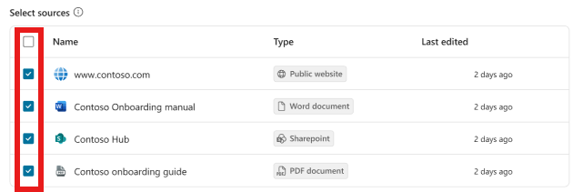 Screenshot showing the selection for knowledge sources to include in the test case generation.