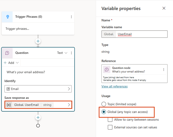 Screenshot showing the Variable Properties pane, with the Global setting highlighted.