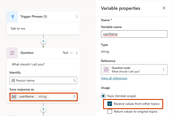 Screenshot of the Talk to Customer topic with the userName variable and its properties highlighted.