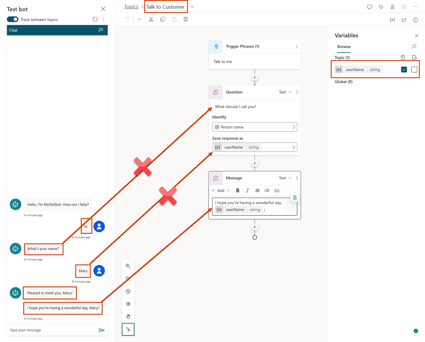 Screenshot of the Talk to Customer topic conversation flow when the Greeting topic is triggered first.