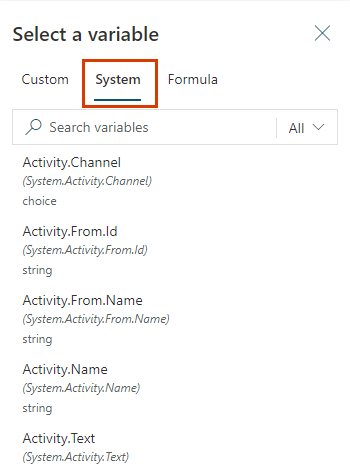 Screenshot of system variables in a copilot topic.