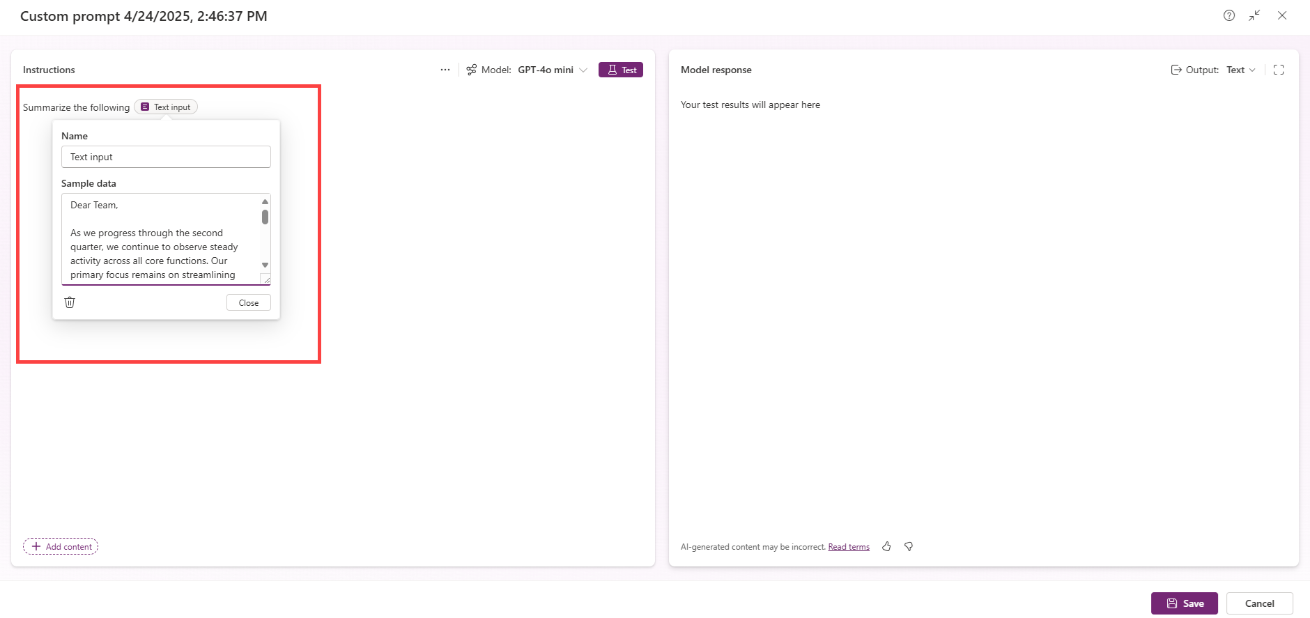 Screenshot showing how to add a sample input value.