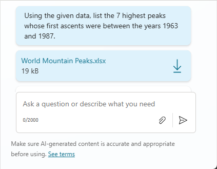 Screenshot a test pane showing prompt requiring generation and execution of code to complete and the attachment of structured data file.