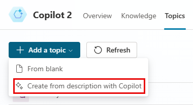 Screenshot of the Copilot Studio navigation pane with Topics and the New topics button highlighted.