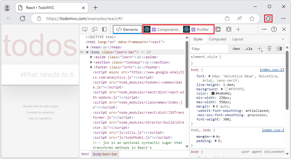 DevTools, showing the two new React extension tool tabs
