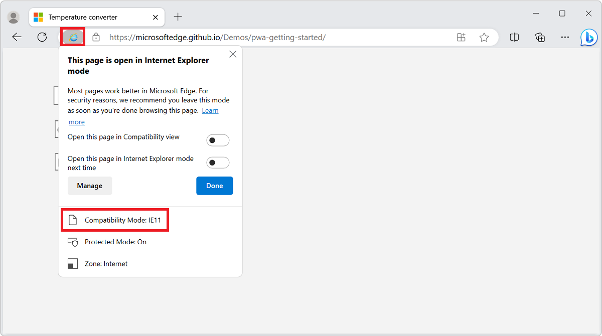 View document mode using the IE mode indicator icon