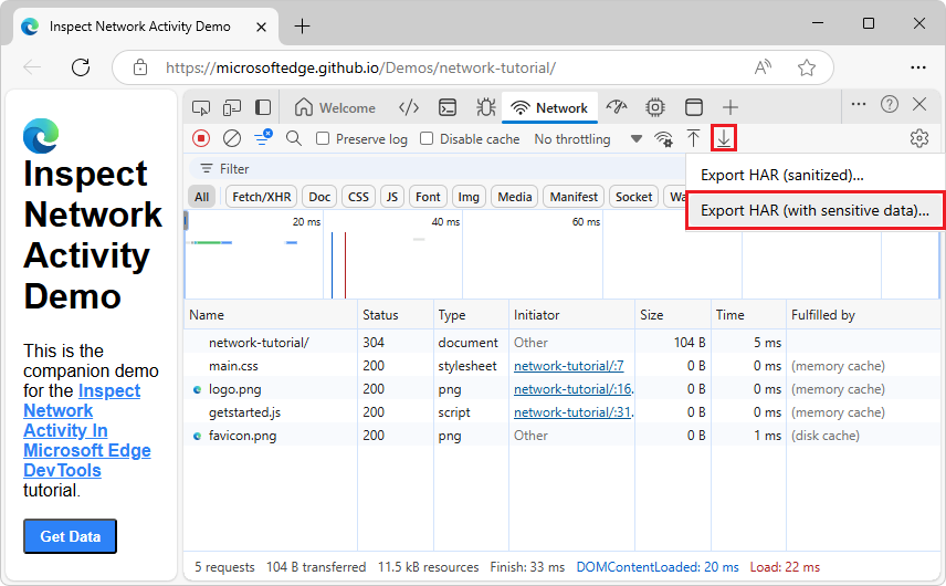 Selecting 'Copy all as HAR (with sensitive data)'