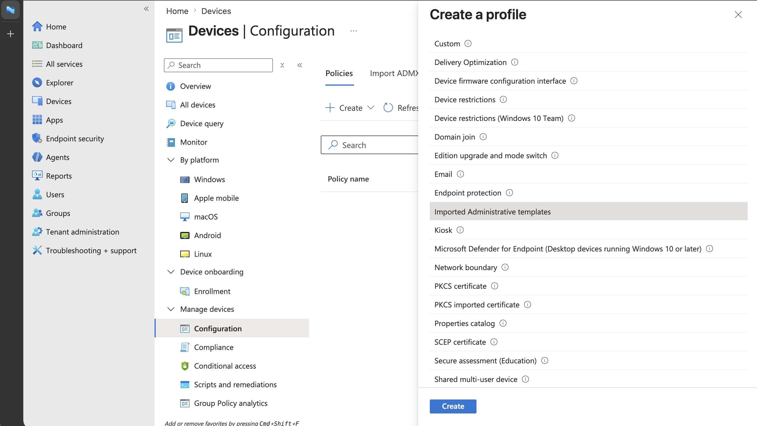 Screenshot of the Imported Administrative Templates option selected in the Intune template list.