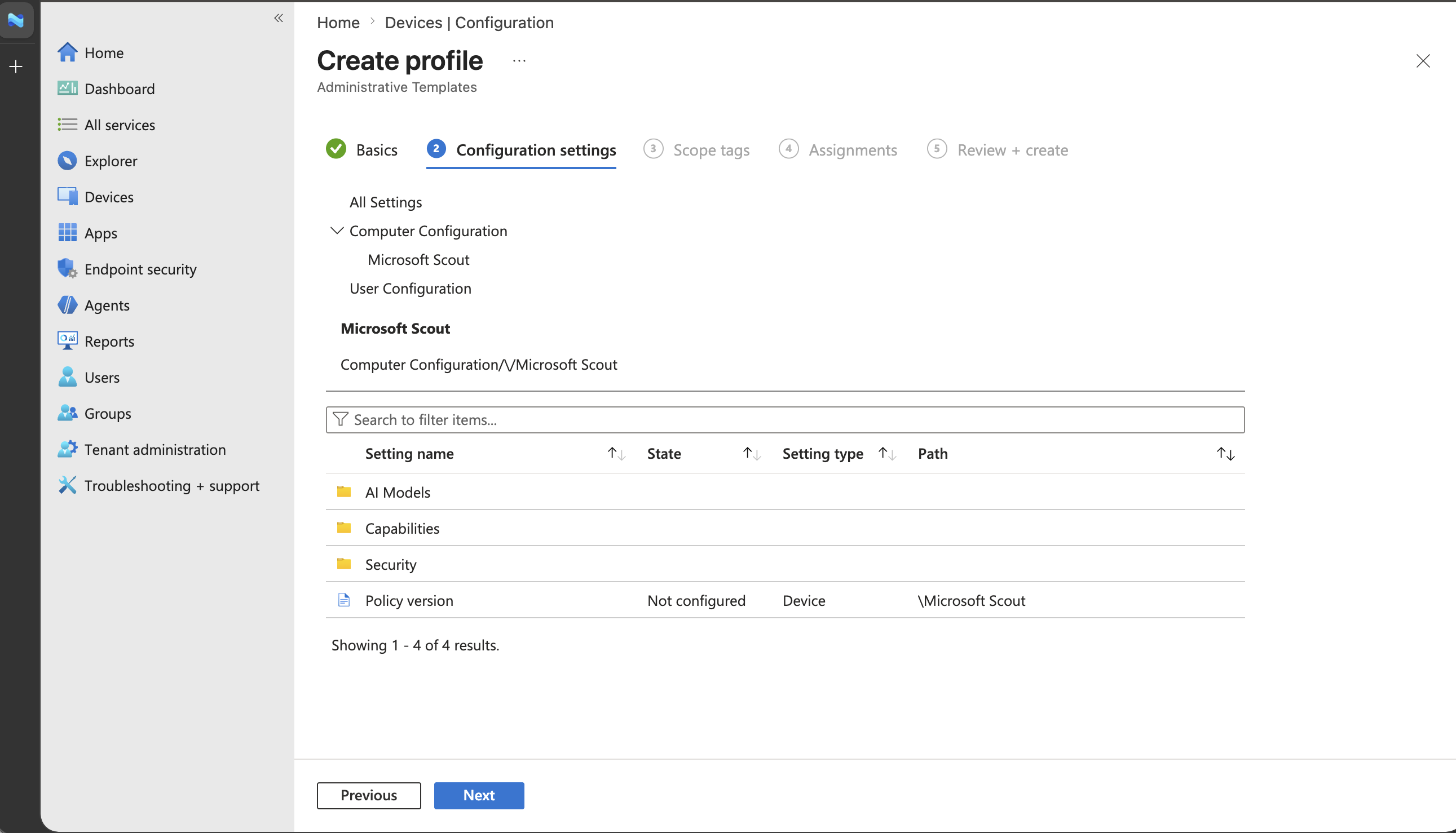 Screenshot of the Microsoft Scout policy version selection in the imported administrative template.
