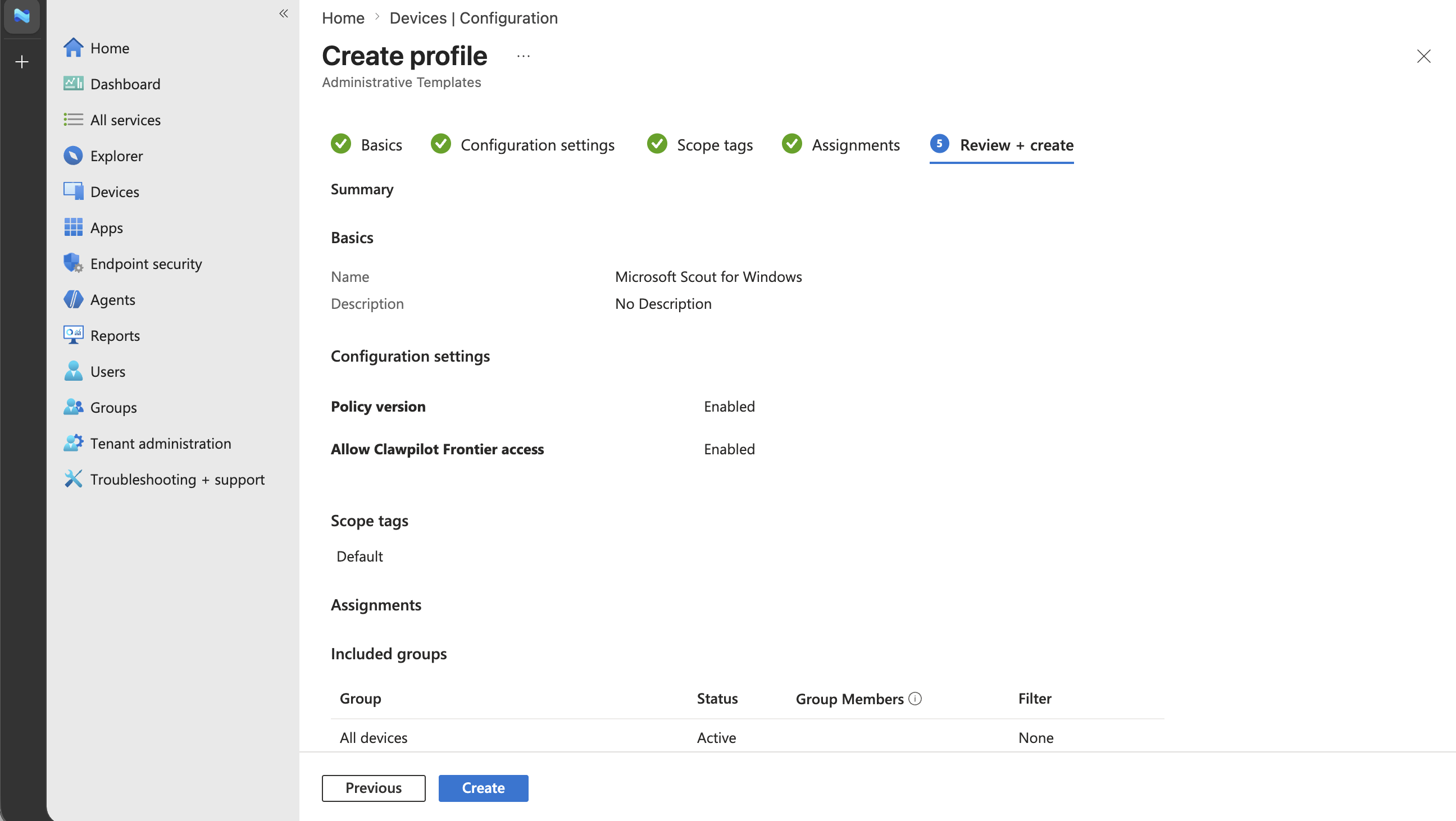 Screenshot of the Review and create summary for the Microsoft Scout Windows policy.