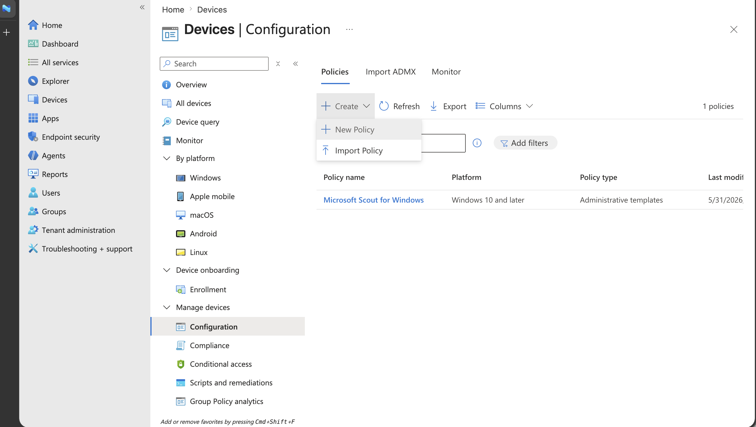 Screenshot of the New policy pane for creating a macOS configuration policy.