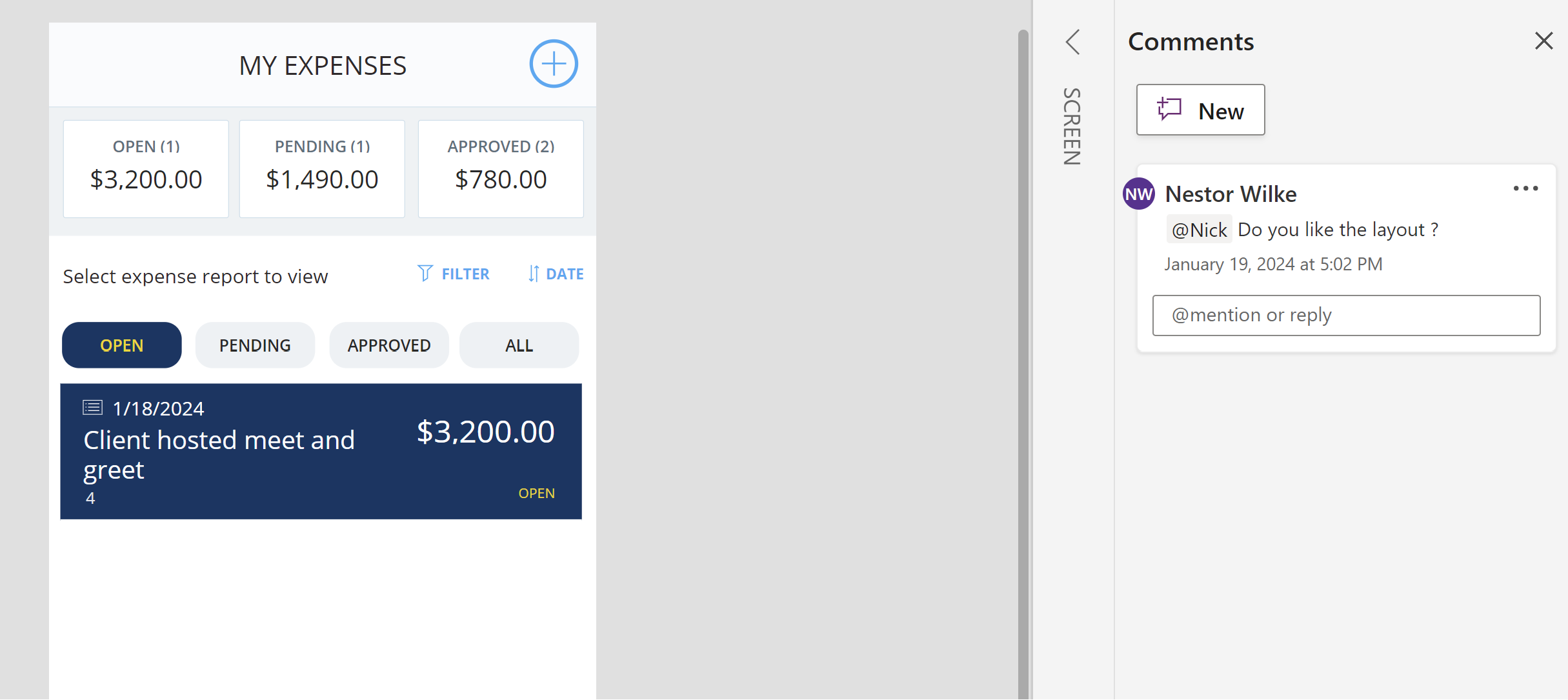 Screenshot of an expenses app showing a person mentioned with @ in a comment.