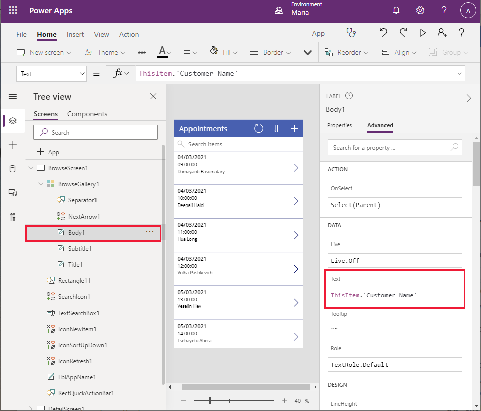 تغيير عنصر التحكم Body1 إلى اسم العميل.