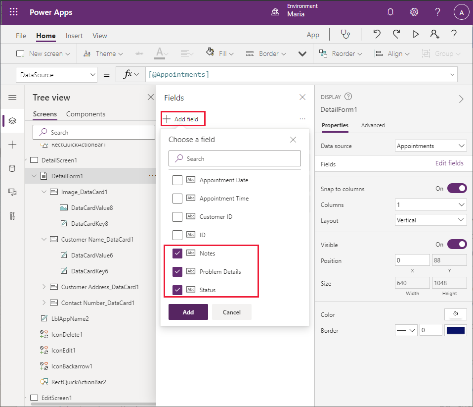 إضافة حقول إلى شاشة التفاصيل.