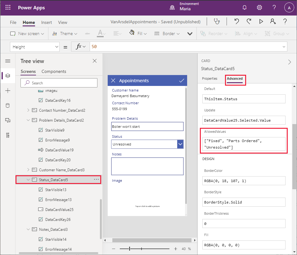 تعيين قيم الحالة المسموح بها.