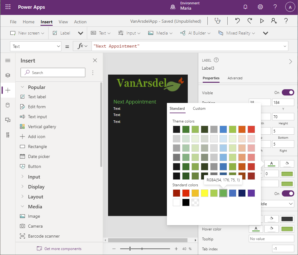 تعيين لون الخط.