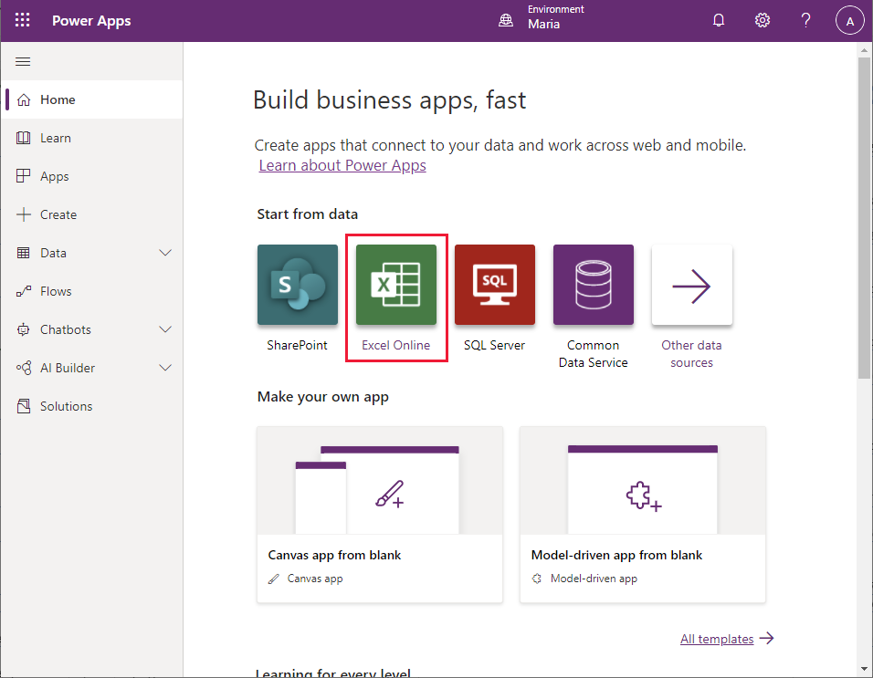 صفحة Power Apps Studio الرئيسية.
