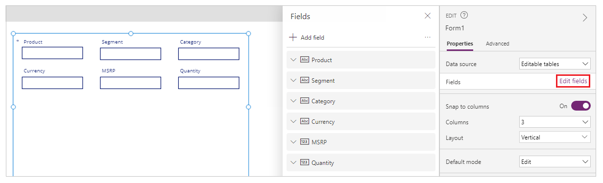 Edit fields on the edit form control.