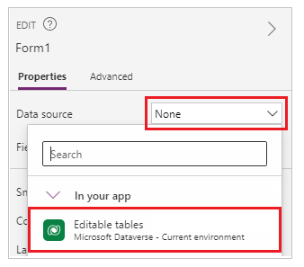 Choose the table as the data source for edit form control.