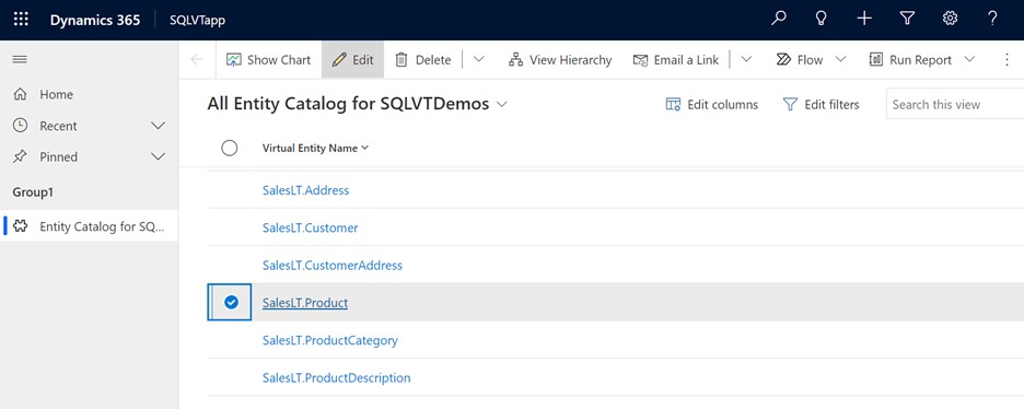 عرض كتالوج كيانات التطبيق النموذجي باستخدام طريقة مجموعة البيانات محددة