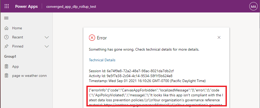 Data Loss Prevention error dialog Data Loss Prevention error dialog