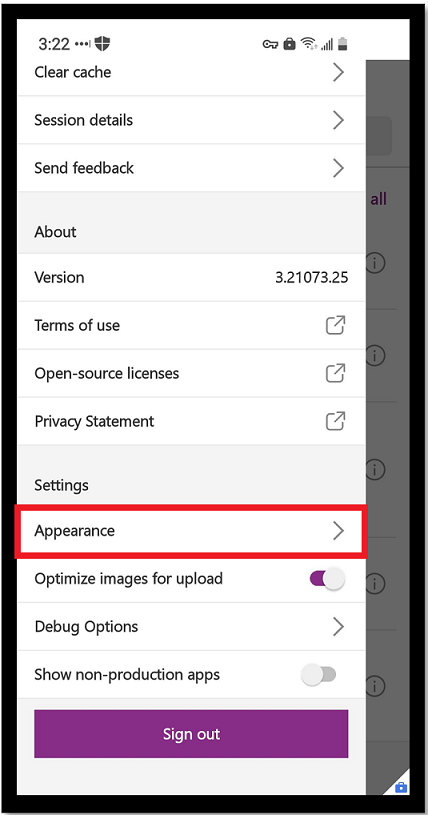 Select the Appearance setting