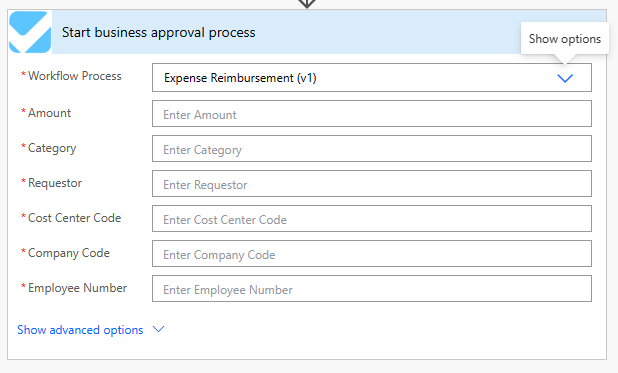 A depiction of the start business approval connector with schema parameters read from Dataverse.