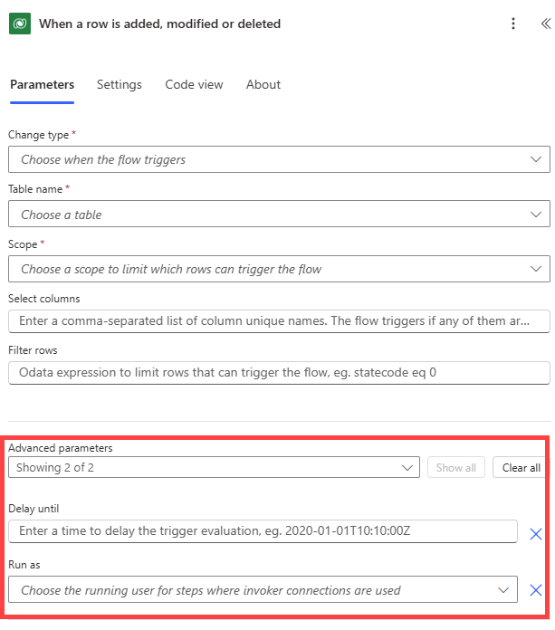 Screenshot of the advanced parameters.