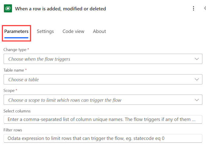 Screenshot of the 'Parameters' tab.