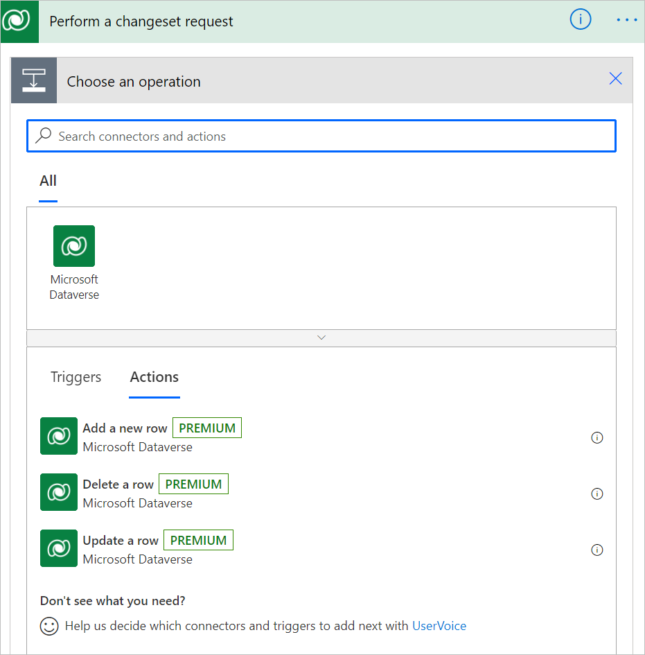 The three actions available for Perform a changeset request The three actions available for Perform a changeset request.