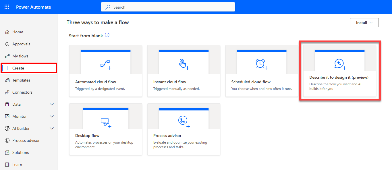 Screenshot of the Describe it to design it (preview) tile.