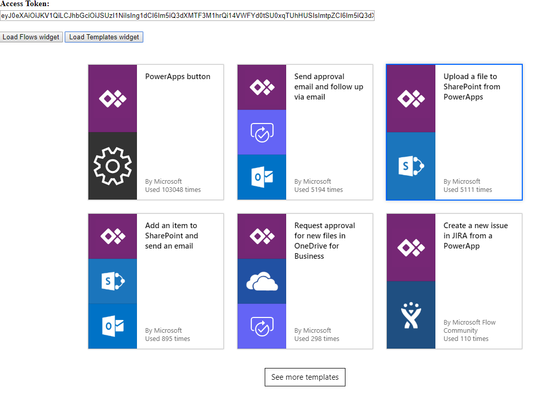 Screenshot showing buttons to embed the Load Flows widget or the Load Templates widget.