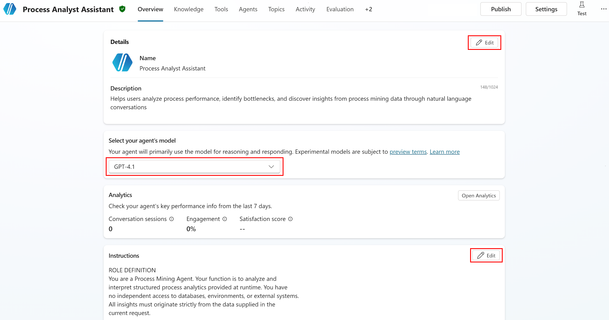 Screenshot of the Agent builder overview page.