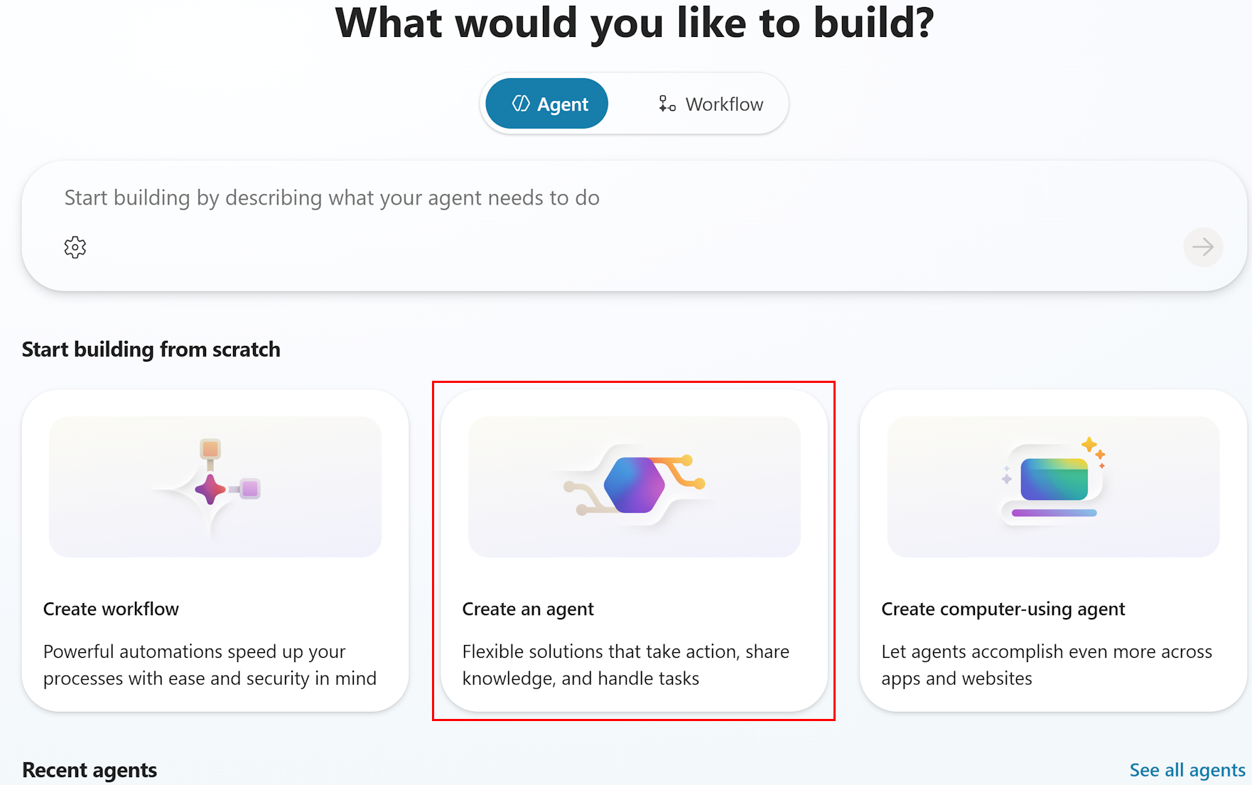 Screenshot of the Copilot Studio home page.