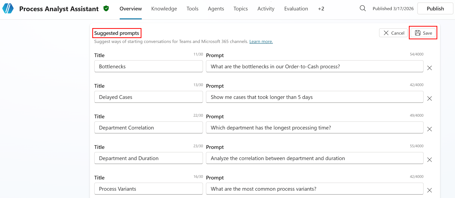Screenshot of suggested prompts configuration.