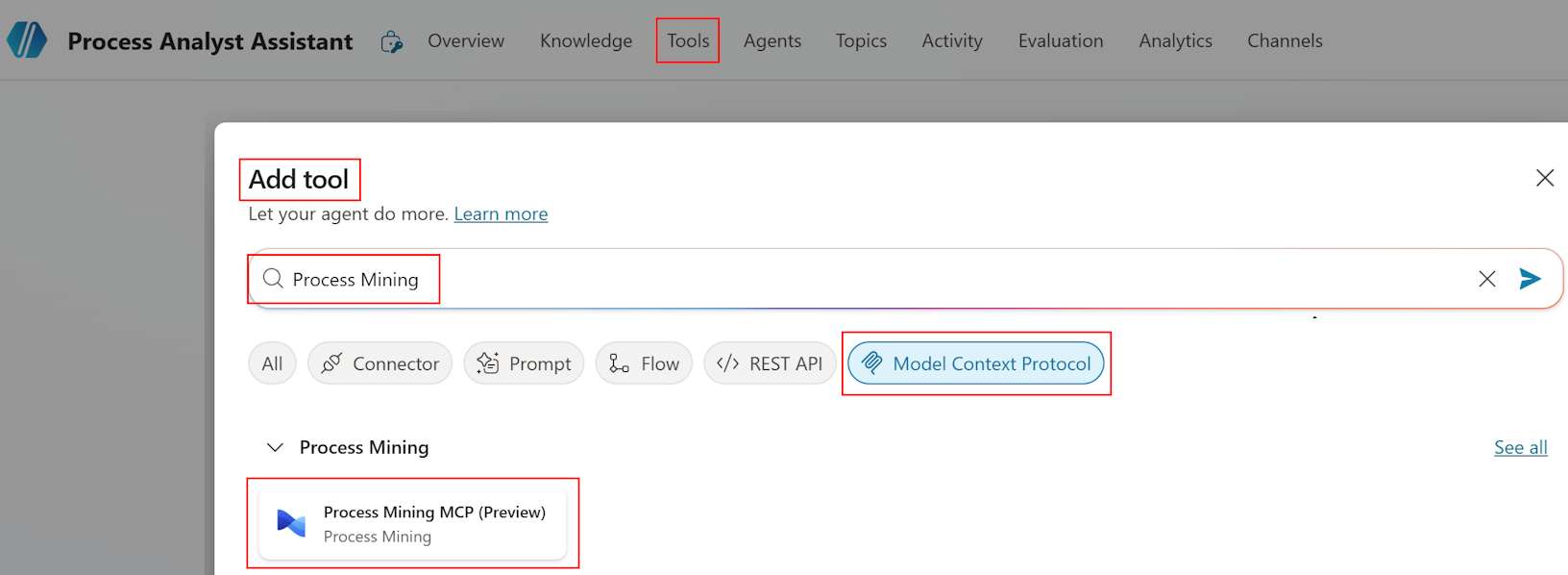 Screenshot of the tool connector selection dialog.