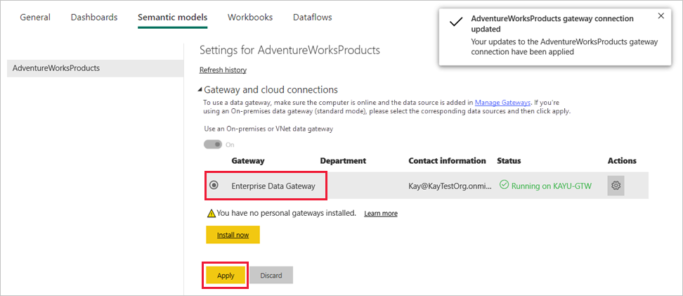 Screenshot that shows applying the gateway connection.