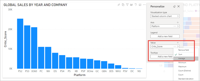 Screenshot of a report visual with some aggregation values highlighted.