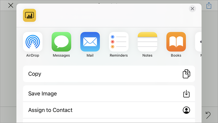 Screenshot of Power BI mobile share options for sending report snapshot via email or other apps.