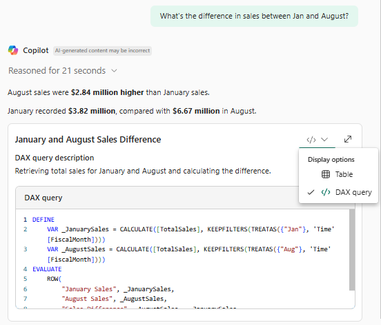 Screenshot of Copilot answering a question by creating a DAX query.
