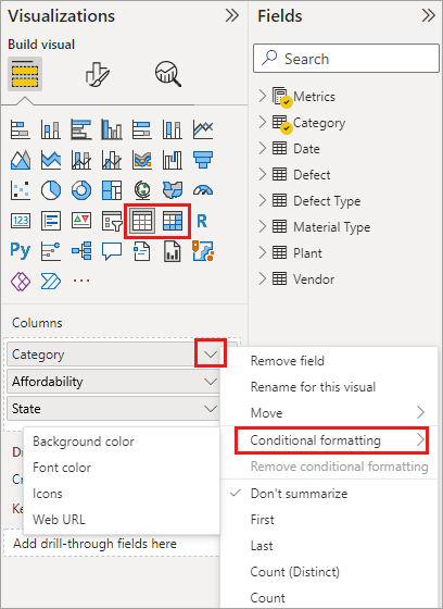 Conditional formatting menu