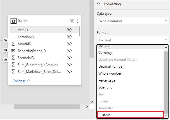 Screenshot of Power BI Desktop in Modeling view, highlighting Custom in the Format dropdown menu.
