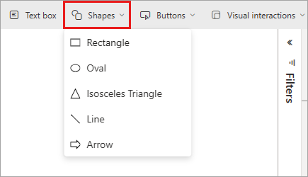 Screenshot of Power BI service, highlighting the shapes option.