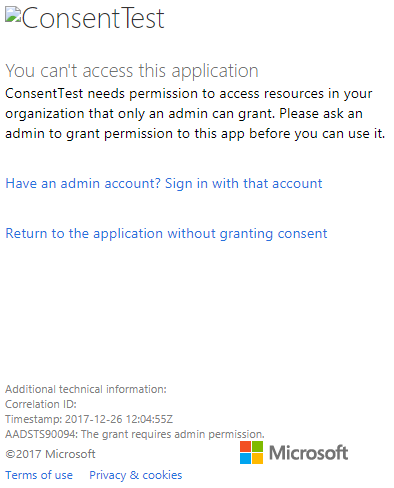 Screenshot of the Azure portal window sign in dialog, which shows the Consent Test permission error.