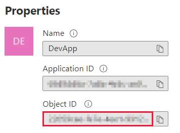 Screenshot of the Azure portal window, which shows the principal object ID in the properties section in the Overview blade of a Microsoft Entra application.